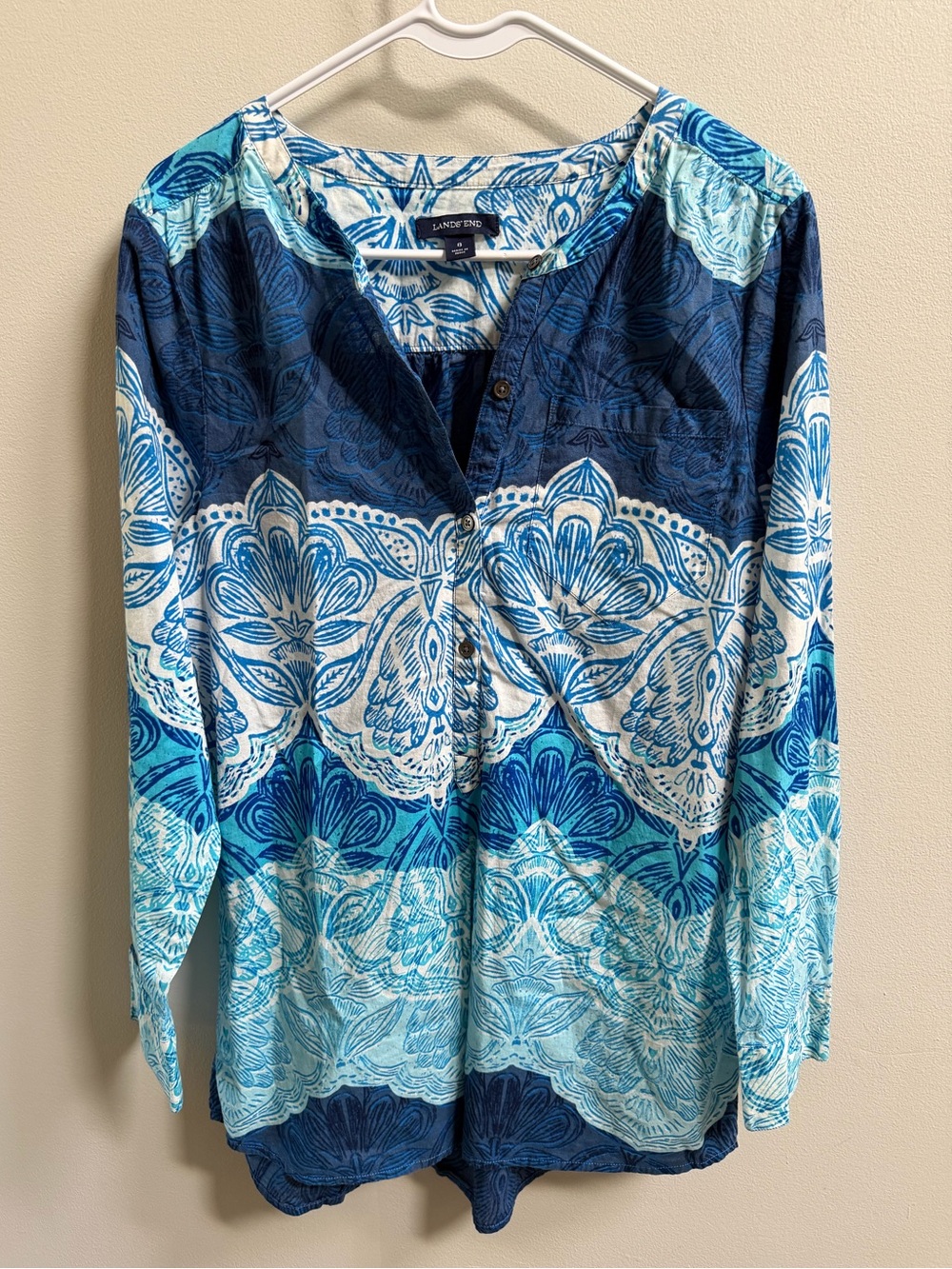 Lands’ End Blue Floral Boho Tunic Blouse Lightweight Cotton Summer Cover Up Swim